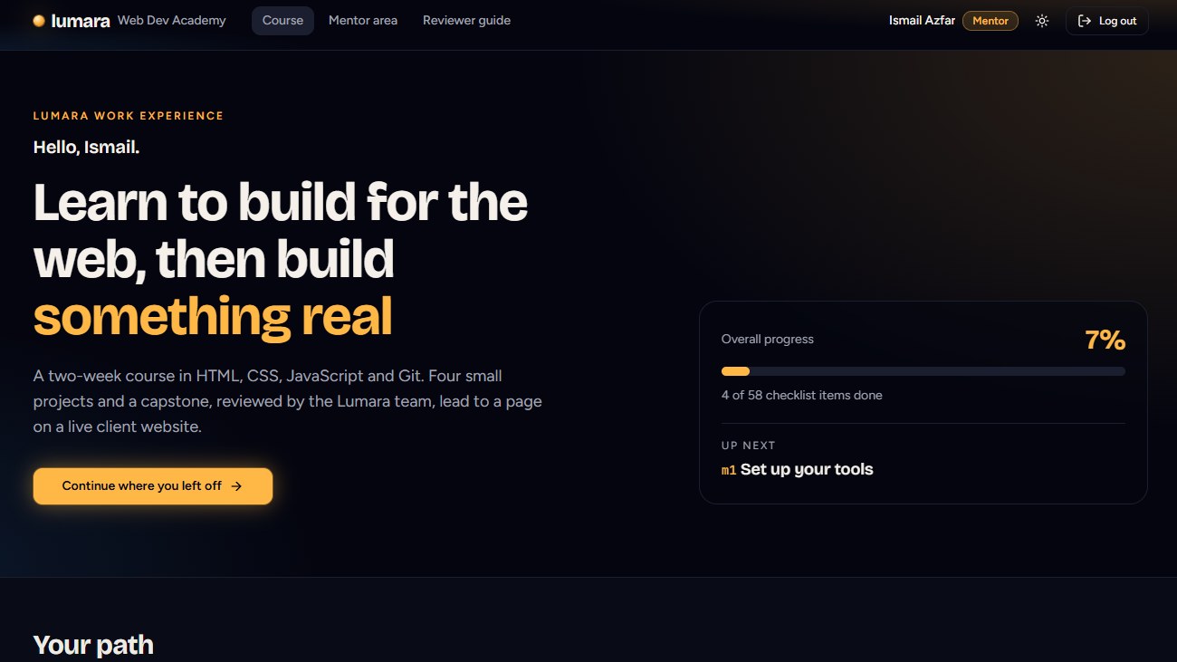 Lumara Web Dev Academy dashboard: 'Learn to build for the web, then build something real', with an overall progress card showing the next module