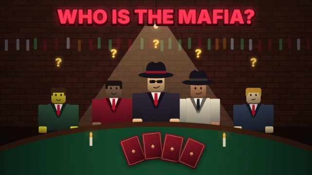Mafia Night game thumbnail: five blocky characters in suits around a green card table under the words 'Who is the Mafia?'