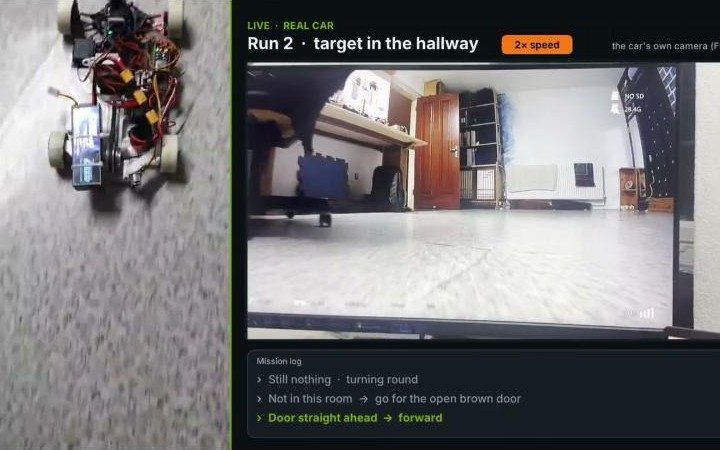 Rescue Scout demo frame: the RC car beside its live camera feed and a mission log reading 'Door straight ahead, forward'