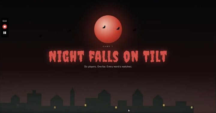 Tilt title screen: a red moon over a dark town and the words 'Night falls on Tilt'